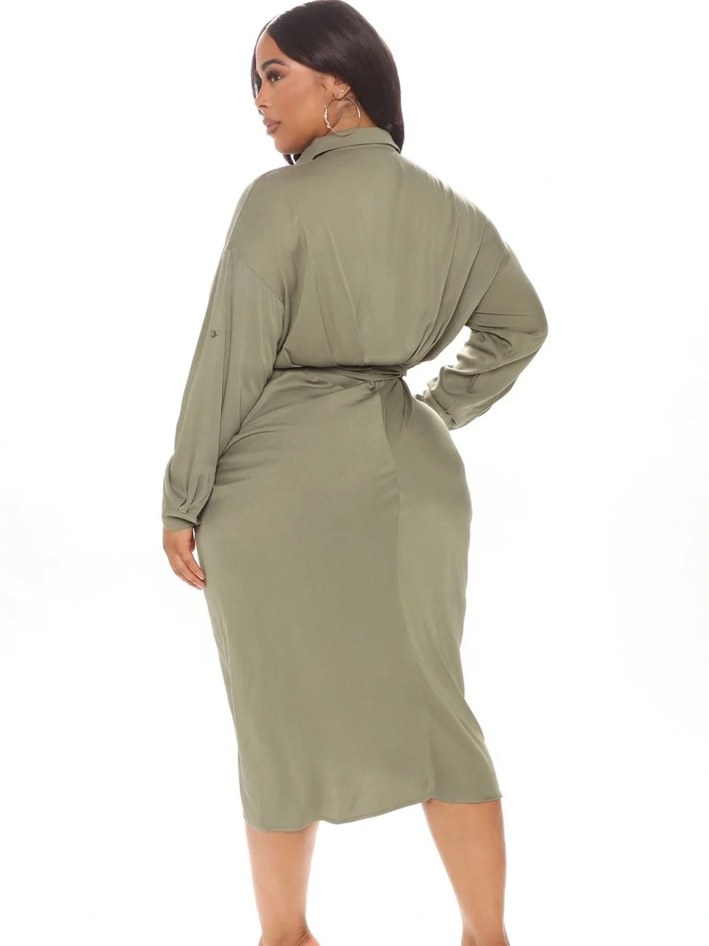 Fashion Nova Olive Green Midi Shirt Dress with Tie Waist